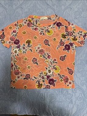 Floral Orange Mesh Top with Purple & Yellow Flowers